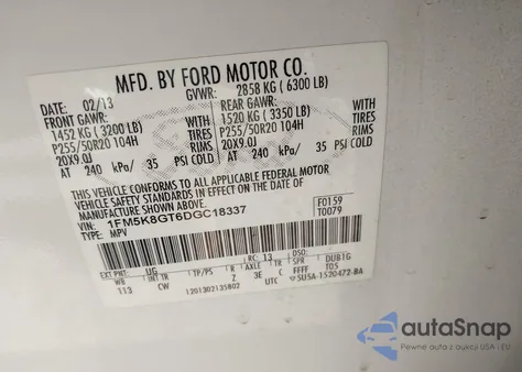 2013 Ford Explorer Sport z USA, uszkodzony, nr VIN 1FM5K8GT6DGC18337